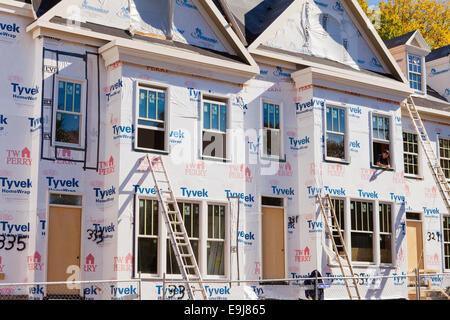 DuPont Tyvek house wrap applied on new home construction - Virginia USA Stock Photo