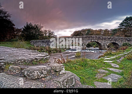 Postbridge and Clapper Bridge on the East Dart River. Dartmoor National Park, Postbridge, Devon, England, Uk Stock Photo