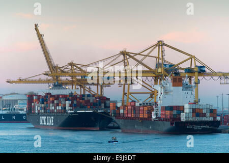Cargo ships carrying shipping containers at Barcelona port In Barcelona, Spain, at sunrise. Stock Photo