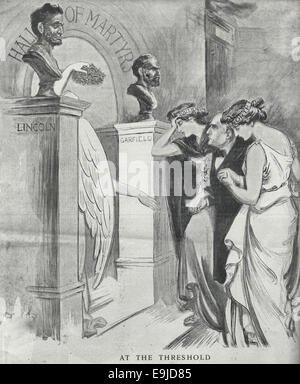 At the threshold - Political Cartoon with President William McKinley being welcomed into the Hall of Martyrs with busts of Lincoln and Garfield on either side, 1901 Stock Photo