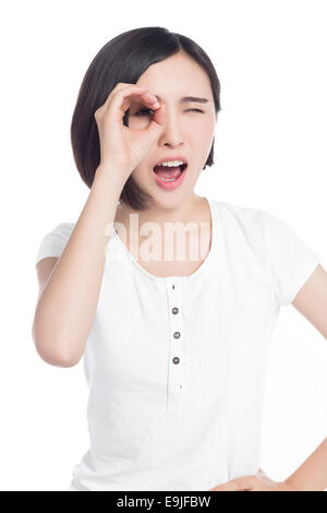 chinese woman facial expressions, white background Stock Photo