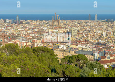 Barcelona by day seen from Parc Guell include sagrada familia, agbar tower, scyscrapers, la rambla and other Stock Photo