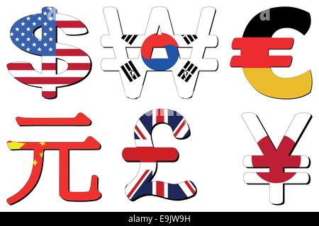 American Dollar Korean Won German Euros Chinese Yuan British Pounds and Japanese Yen flag symbols vector illustration Stock Vector