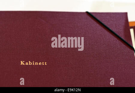 Berlin, Germany. 29th Oct, 2014. A folder with the word 'Kabinett' (cabinet) written on the cover at the Chancellery in Berlin, Germany, 29 October 2014. Credit:  dpa picture alliance/Alamy Live News Stock Photo