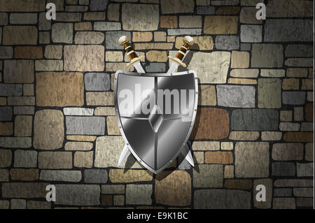 Vector Swords and Shield On Grunge Stone Wall, Eps1o, Gradient Mesh and Transparency Used Stock Photo