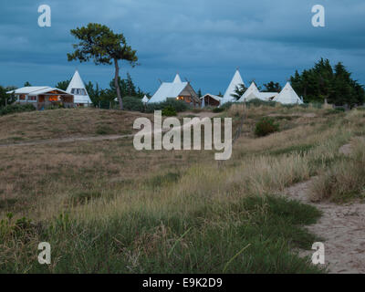 luxury campsite in coastal dunes amongst  pines wood viewed over a field of  grass and fence  after sunset Stock Photo
