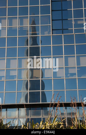 View of a reflection of the Shard in an office block on the north bank of the River Thames, Southwark, London, UK. Stock Photo