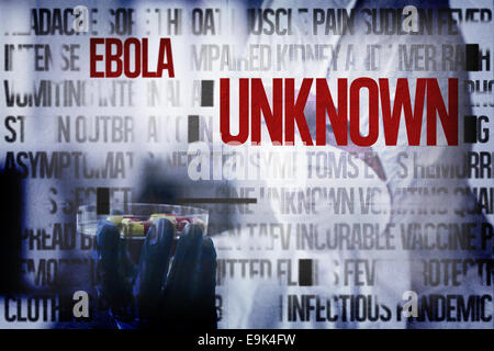 Composite image of scientist in protective suit analyzing pills Stock Photo