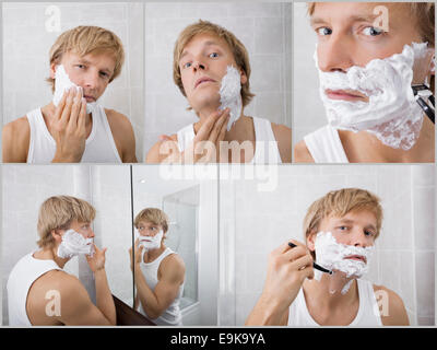 Collage of young man shaving in bathroom Stock Photo