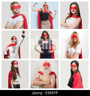 Collage of confident people wearing superhero costumes