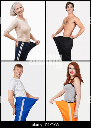 Collage of happy people holding oversized pants Stock Photo