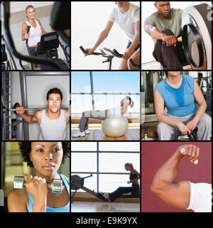 Collage of people exercising in gym Stock Photo