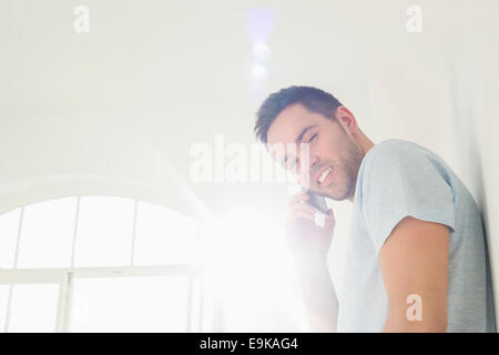 Portrait of handsome man on call at home Stock Photo