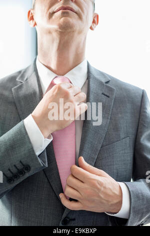 Midsection of mature businessman adjusting tie Stock Photo