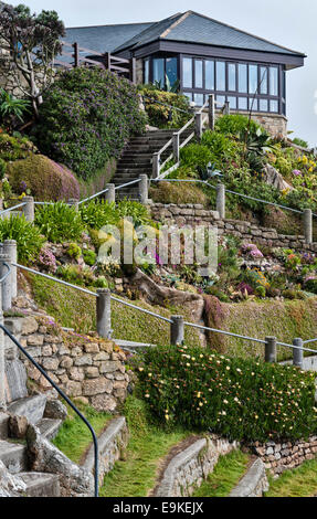 The Minack Theatre, Porthcurno, Cornwall, UK. A famous open air theatre high above the sea, begun in 1929 by Rowena Cade Stock Photo