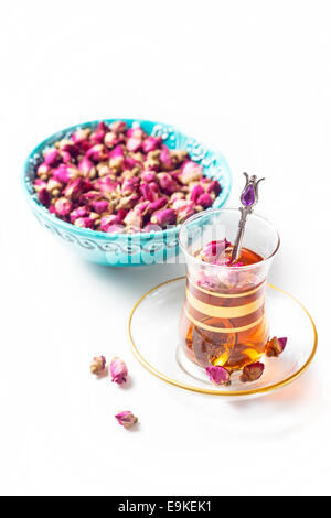 Herbal roses tea in turkish traditional tea glasses Stock Photo