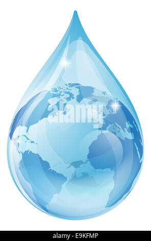 An illustration of a water drop with a globe inside. Water drop earth globe environmental concept Stock Photo