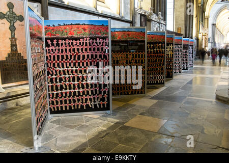 Salisbury, Wiltshire, UK. 29th October, 2014. A special Wall of Remembrance, commemorating those Wiltshire soldiers who lost their lives during the First World War, is in the historic Salisbury Cathedral.  The display will be at the cathedral until 21 November 2014 . It is made of crosses made by thousands of local school children across the county with each containing the name of a soldier who lost their life - 10,000 in total. Credit:  Paul Chambers/Alamy Live News Stock Photo