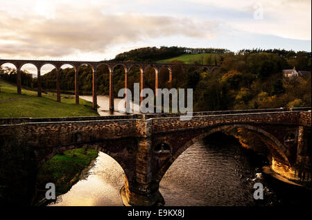 The Leaderfoot Viaduct rail bridge and the Drygrange Bridge span the River Tweed near Melrose in the Scottish Borders. Stock Photo