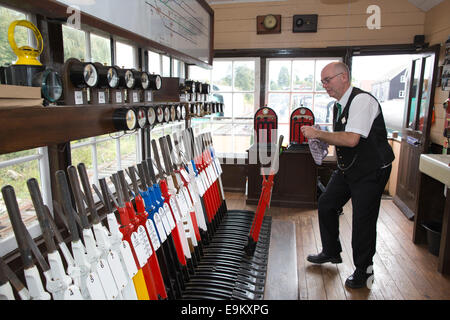 Signal Lever Frame inside Ongar Railway Station Signal Box, Essex, England, UK Stock Photo