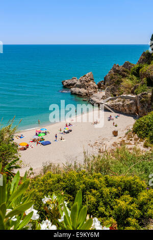 A view from Mirador del Bendito on Playa Carabeillo, Nerja, Costa del Sol, Malaga Province, Andalusia, Spain, Europe. Stock Photo