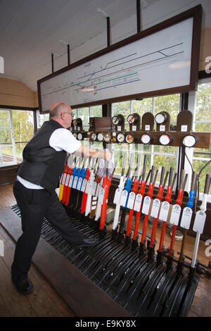 Signal Lever Frame inside Ongar Railway Station Signal Box, Essex, England, UK Stock Photo