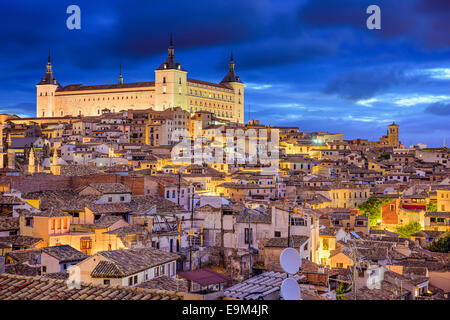 Toledo, Spain town skyline at the Alcazar at dawn. Stock Photo