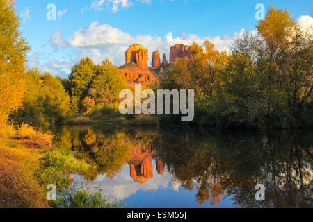 Cathedral Rock at Red Rock Crossing reflected in Oak Creek Stock Photo