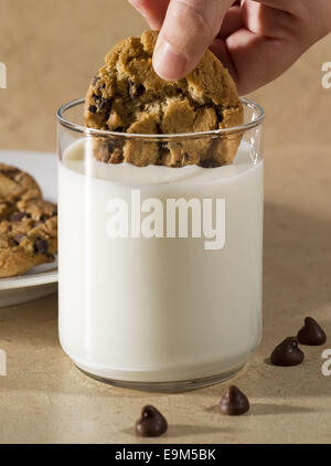 A hand dunking a chocolate chip cookie in a glass of milk Stock Photo