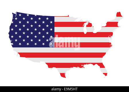 Flag of the United States of America overlaid on detailed outline map Stock Photo