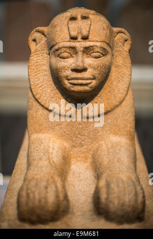 LONDON, United Kingdom — The granite sphinx of Taharqo, dating to circa 690-664 BC, from ancient Egypt, on display at the British Museum. Taharqo was a pharaoh of the 25th Dynasty, also known as the Nubian or Kushite Dynasty. The sphinx is one of the significant pieces in the museum’s extensive collection dedicated to human history and culture. Stock Photo