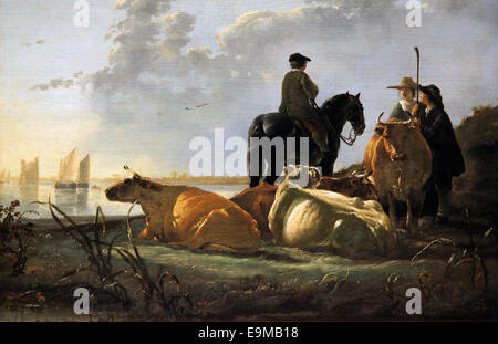 Peasants by the River Merwede.c.1660.Aelbert  Cuyp (1620-1691).Rural figures and livestock bathed in golden Mediterranean light. Stock Photo