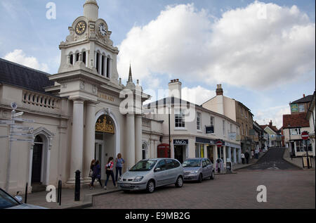 Saffron Waldon Market Hill with Library in Essex - UK Stock Photo