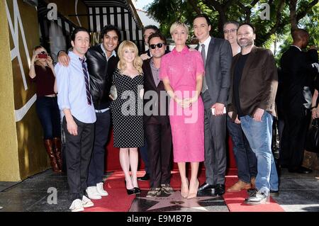 Los Angeles, CA, USA. 29th Oct, 2014. Simon Helberg, Kunal Nayyar, Melissa Rauch, Chuck Lorre, Johnny Galecki, Kaley Cuoco, Jim Parsons, Bill Prady, Steven Molaro at the induction ceremony for Star on the Hollywood Walk of Fame for Kaley Cuoco, Hollywood Boulevard, Los Angeles, CA October 29, 2014. Credit:  Michael Germana/Everett Collection/Alamy Live News Stock Photo