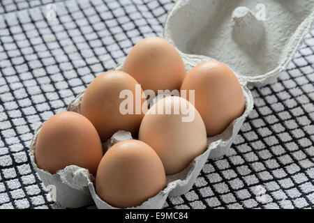 Freshly washed free range chicken eggs in a box made from recycled paper. Stock Photo