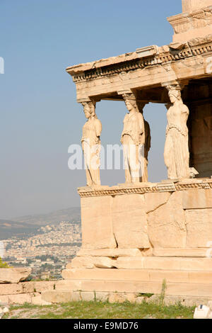 Part of the Erechtheion or Erechtheum is an ancient Greek temple on the north side of the Acropolis of Athens in Greece. Stock Photo