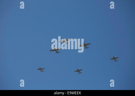 Low angle view of fighter planes against blue sky Stock Photo