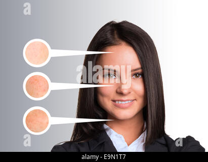 Beautiful young woman. Callouts with zoom portions of skin Stock Photo