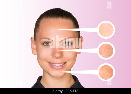 Beautiful young woman. Callouts with zoom portions of skin Stock Photo