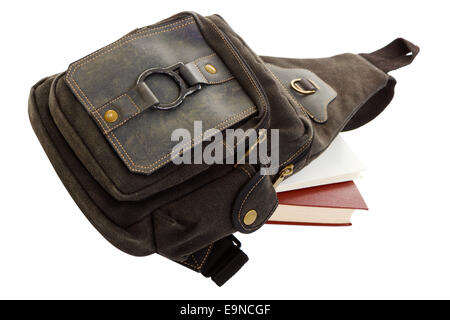 backpack and books on white background Stock Photo