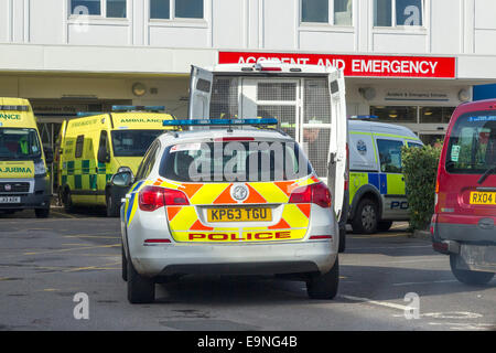 Police cars and Van outside Northampton General Accident and Emergency Dept. Stock Photo
