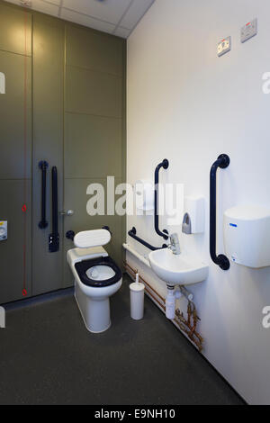 Disabled toilet cubicle with grab rails and wash hand basin at Isle of Wight Studio School Stock Photo