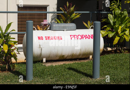 Large propane tank in landscaped garden Stock Photo