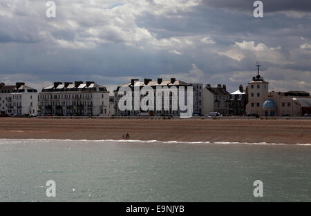 Deal Seafront from the pier, showing the Time-Ball Tower and The Regent, a former bingo hall. Stock Photo