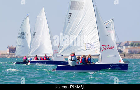 Competitors racing during the Bart's Bash sailing regatta at the Andrew Simpson Sailing Centre in Weymouth, Dorset today. Bart's Stock Photo