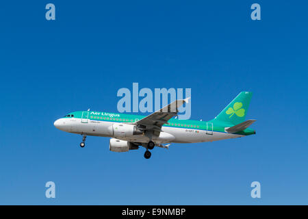 Aer Lingus Airbus A319 plane, EI-EPT, named St Rowan, on its approach for landing at London Heathrow, England, UK Stock Photo