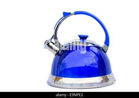Beautiful and comfortable bright blue kettle with a signal of boiling water in the form of a whistle. Presented on a white backg Stock Photo