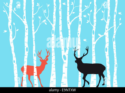 Reindeer with birch tree forest, Christmas card, vector Stock Photo