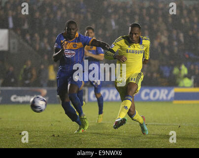 Shrewsbury, UK. 28th Oct, 2014. Didier Drogba of Chelsea scores the first goal - Capital One Cup - Shrewsbury Town vs Chelsea - Greenhous Meadow Stadium - Shrewsbury - England - 28th October 2014 - Picture Simon Bellis/Sportimage. © csm/Alamy Live News Stock Photo