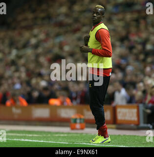 London, UK. 28th Oct, 2014. Liverpool's Mario Balotelli warms up as a substitute.League Cup Fourth Round- Liverpool vs Swansea City - Anfield - England - 28th October 2014 - Picture David Klein/Sportimage. © csm/Alamy Live News Stock Photo